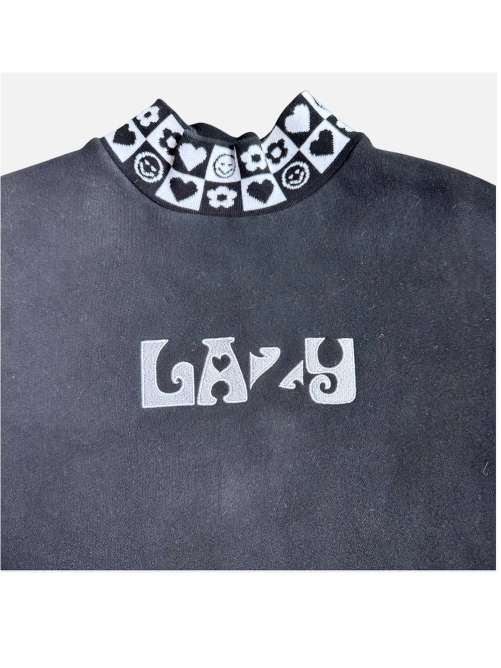 Lazy Oaf Black Sweatshirt Hearts Monochrome Mockneck y2k Women’s Small Medium - Picture 6 of 9
